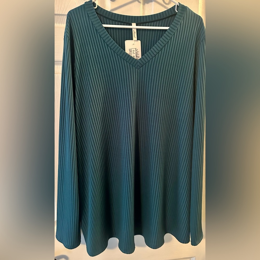 NWT HESED Hunter Green V-Neck Ribbed Long Sleeve Top/Shirt~ 3X